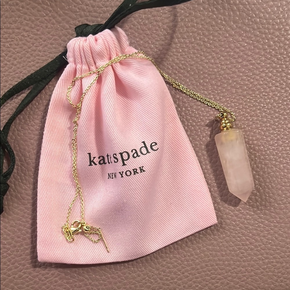 Gold Plated Pink Quartz Crystal Perfume Necklace with Pink Jewelry Pouch